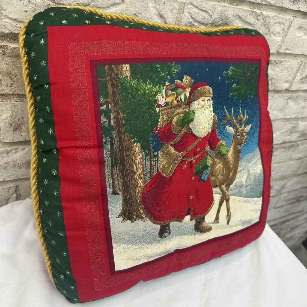 Vintage Old World Santa Claus Christmas Pillow 15x15 Snow St. Nick Holiday Gold